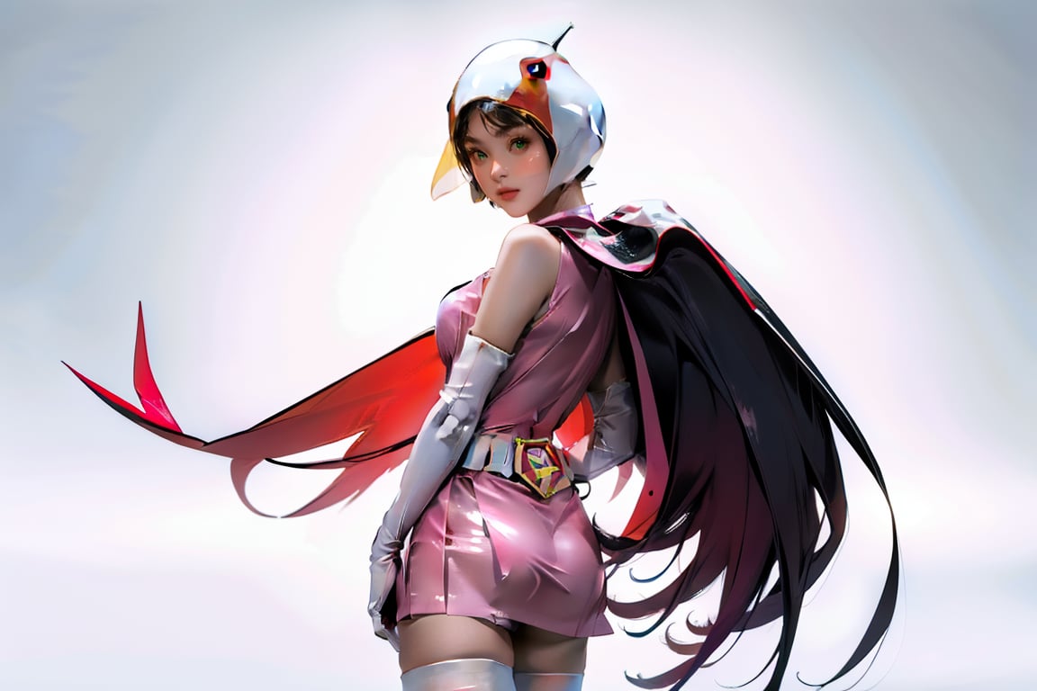 realistic photography, 1 American-Japanese mixed-race gir, 16 years old, Jun ,Gatchaman, 168cm((Jun's hands were tied, and a green batman hugged Jun from behind.), lanky, wearing a swan-head-like helmet with a transparent glass plate like a beak covered the front face,on loak with jagged shapes in the end, pink superhero-like mini skirts suit, naturally sexy, {{masterpiece}}}, {{{best quality}}}, {{{ultra-detailed}}},(masterpiece, best quality, ultra-realistic )((exquisite make-up face)),(( beautiful face)),short hair,breasts,green eyes,lips,medium breasts,lipstick,white legwear,pink dress,superhero,bodysuit,cape,gloves,helmet,belt,elbow gloves,white gloves,mask,mini skirt, white thigh highs, skin tight, highres,white panty,whole body,ultra detailed, horny, innocent, cute and sweet and lovable yet erotic,