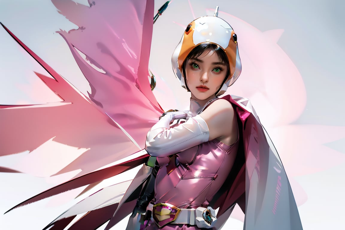 realistic photography, 1 American-Japanese mixed-race gir, 16 years old, Jun ,Gatchaman, 168cm((Jun's hands were tied, and a green batman hugged Jun from behind.), lanky, wearing a swan-head-like helmet with a transparent glass plate like a beak covered the front face,on loak with jagged shapes in the end, pink superhero-like mini skirts suit, naturally sexy, {{masterpiece}}}, {{{best quality}}}, {{{ultra-detailed}}},(masterpiece, best quality, ultra-realistic )((exquisite make-up face)),(( beautiful face)),short hair,breasts,green eyes,lips,medium breasts,lipstick,white legwear,pink dress,superhero,bodysuit,cape,gloves,helmet,belt,elbow gloves,white gloves,mask,mini skirt, white thigh highs, skin tight, highres,white panty,whole body,ultra detailed, horny, innocent, cute and sweet and lovable yet erotic,