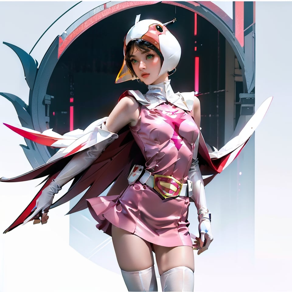 realistic photography, 1 American-Japanese mixed-race gir, 16 years old, Jun ,Gatchaman, 168cm((Jun opens arms, and wind blow Jun fly high ), lanky, wearing a swan-head-like helmet with a transparent glass plate like a beak covered the front face,on loak with jagged shapes in the end, pink superhero-like mini skirts suit, naturally sexy, {{masterpiece}}}, {{{best quality}}}, {{{ultra-detailed}}},(masterpiece, best quality, ultra-realistic )((exquisite make-up face)),(( beautiful face)),short hair,breasts,green eyes,lips,medium breasts,lipstick,white legwear,pink dress,superhero,bodysuit,cape,gloves,helmet,belt,elbow gloves,white gloves,mask,mini skirt, white thigh highs, skin tight, highres,white panty,whole body,ultra detailed, horny, innocent, cute and sweet and lovable yet erotic,