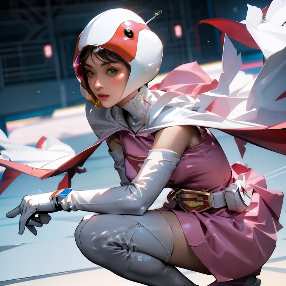 realistic photography, 1 American-Japanese mixed-race gir, 16 years old, Jun ,Gatchaman, 168cm((  **Asia squat)), lanky, wearing a swan-head-like helmet with a transparent glass plate like a beak covered the front face,on loak with jagged shapes in the end, pink superhero-like mini skirts suit, naturally sexy, mide breasts{{masterpiece}}}, {{{best quality}}}, {{{ultra-detailed}}},(masterpiece, best quality, ultra-realistic ),(( beautiful face)),short hair,breasts,green eyes,lips,lipstick,white legwear,pink dress,superhero,bodysuit,cape,gloves,helmet,belt,elbow gloves,white gloves,mask,mini skirt,fight scene