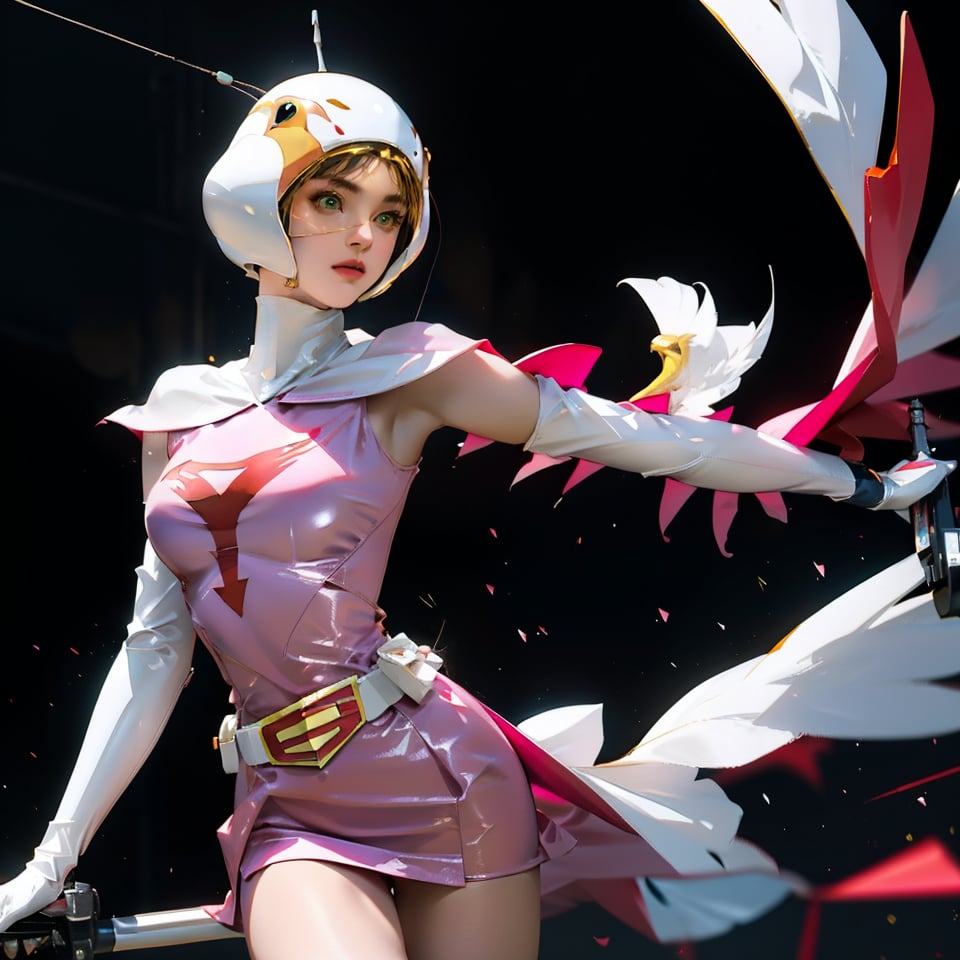 realistic photography, 1 American-Japanese mixed-race gir, 16 years old, Jun ,Gatchaman, 168cm((  **high speed riding a yellow weaponized motocycle)), lanky, wearing a swan-head-like helmet with a transparent glass plate like a beak covered the front face,on loak with jagged shapes in the end, pink superhero-like mini skirts suit, naturally sexy, mide breasts{{masterpiece}}}, {{{best quality}}}, {{{ultra-detailed}}},(masterpiece, best quality, ultra-realistic ),(( beautiful face)),short hair,breasts,green eyes,lips,lipstick,white legwear,pink dress,superhero,bodysuit,cape,gloves,helmet,belt,elbow gloves,white gloves,mask,mini skirt,fight scene