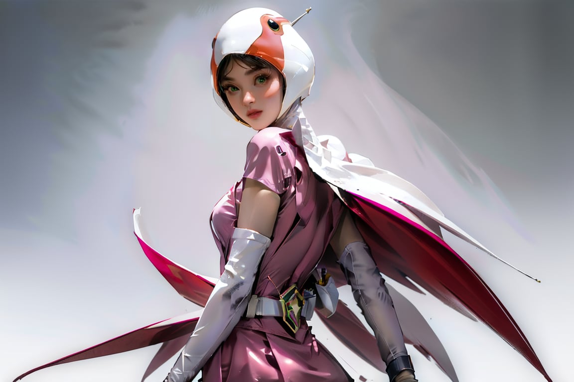 realistic photography, 1 American-Japanese mixed-race gir, 16 years old, Jun ,Gatchaman, 168cm((Jun's hands were tied, and a green batman hugged Jun from behind.), lanky, wearing a swan-head-like helmet with a transparent glass plate like a beak covered the front face,on loak with jagged shapes in the end, pink superhero-like mini skirts suit, naturally sexy, {{masterpiece}}}, {{{best quality}}}, {{{ultra-detailed}}},(masterpiece, best quality, ultra-realistic )((exquisite make-up face)),(( beautiful face)),short hair,breasts,green eyes,lips,medium breasts,lipstick,white legwear,pink dress,superhero,bodysuit,cape,gloves,helmet,belt,elbow gloves,white gloves,mask,mini skirt, white thigh highs, skin tight, highres,white panty,whole body,ultra detailed, horny, innocent, cute and sweet and lovable yet erotic,