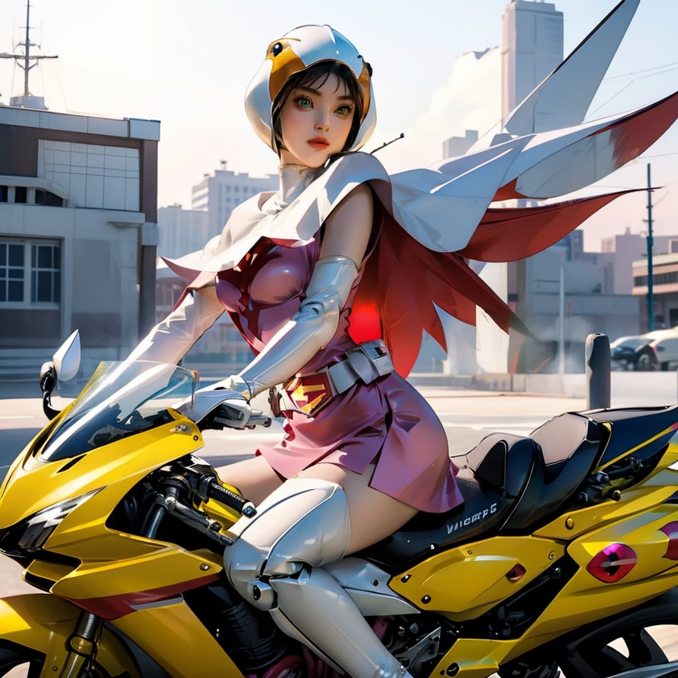 realistic photography, 1 American-Japanese mixed-race gir, 16 years old, Jun ,Gatchaman, 168cm((  **high speed riding a yellow weaponized motocycle)), lanky, wearing a swan-head-like helmet with a transparent glass plate like a beak covered the front face,on loak with jagged shapes in the end, pink superhero-like mini skirts suit, naturally sexy, mide breasts{{masterpiece}}}, {{{best quality}}}, {{{ultra-detailed}}},(masterpiece, best quality, ultra-realistic ),(( beautiful face)),short hair,breasts,green eyes,lips,lipstick,white legwear,pink dress,superhero,bodysuit,cape,gloves,helmet,belt,elbow gloves,white gloves,mask,mini skirt,fight scene