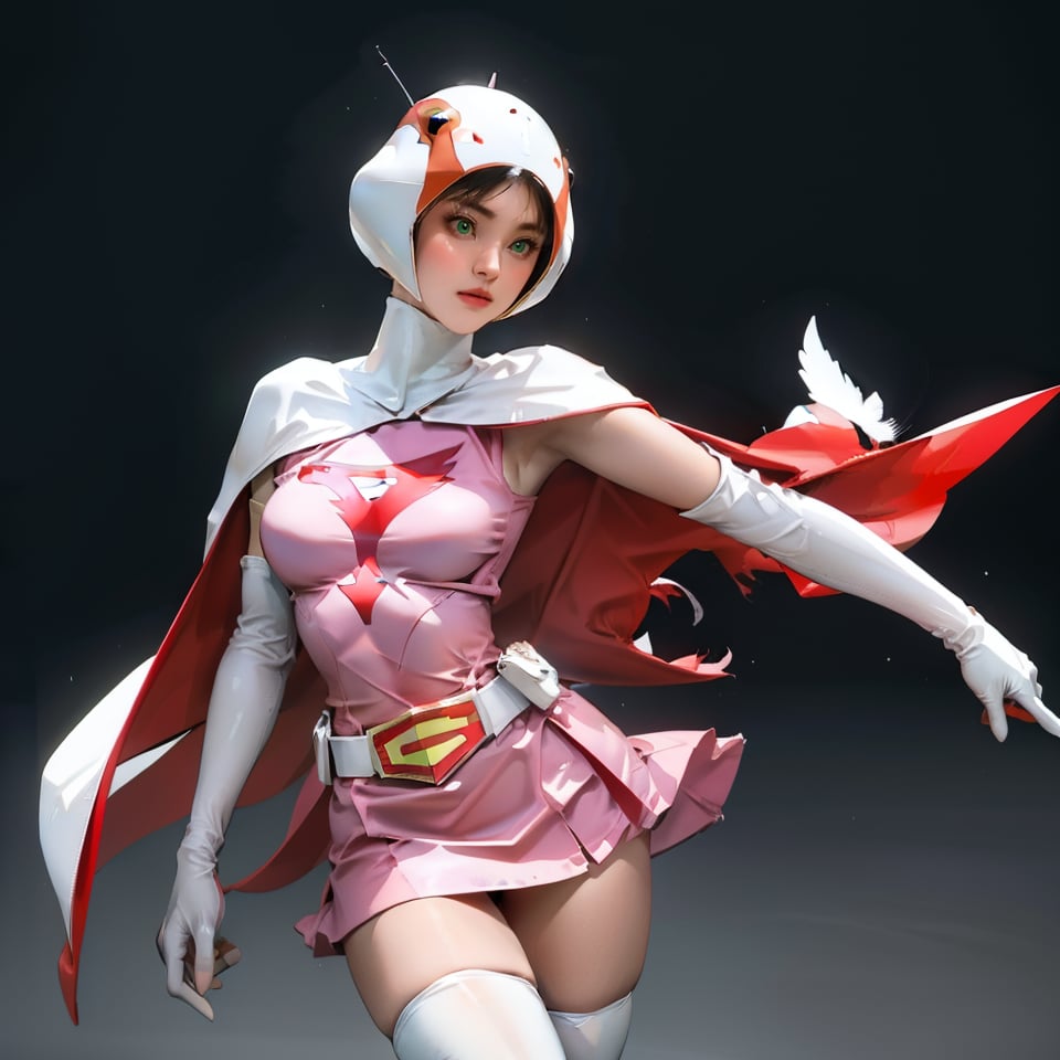 realistic photography, 1 American-Japanese mixed-race gir, 16 years old, Jun ,Gatchaman, 168cm((leg extension kick)), lanky, wearing a swan-head-like helmet with a transparent glass plate like a beak covered the front face,on loak with jagged shapes in the end, pink superhero-like mini skirts suit, naturally sexy, {{masterpiece}}}, {{{best quality}}}, {{{ultra-detailed}}},(masterpiece, best quality, ultra-realistic )((exquisite make-up face)),(( beautiful face)),short hair,breasts,green eyes,lips,medium breasts,lipstick,white legwear,pink dress,superhero,bodysuit,cape,gloves,helmet,belt,elbow gloves,white gloves,mask,mini skirt, white thigh highs, skin tight, highres,white panty,whole body,ultra detailed, horny, innocent, cute and sweet and lovable yet erotic,