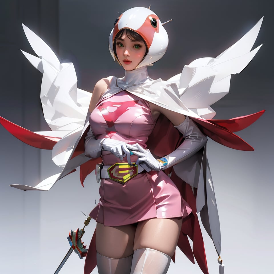 realistic photography, 1 American-Japanese mixed-race gir, 16 years old, Jun ,Gatchaman, 168cm((leg extension kick)), lanky, wearing a swan-head-like helmet with a transparent glass plate like a beak covered the front face,on loak with jagged shapes in the end, pink superhero-like mini skirts suit, naturally sexy, {{masterpiece}}}, {{{best quality}}}, {{{ultra-detailed}}},(masterpiece, best quality, ultra-realistic )((exquisite make-up face)),(( beautiful face)),short hair,breasts,green eyes,lips,medium breasts,lipstick,white legwear,pink dress,superhero,bodysuit,cape,gloves,helmet,belt,elbow gloves,white gloves,mask,mini skirt, white thigh highs, skin tight, highres,white panty,whole body,ultra detailed, horny, innocent, cute and sweet and lovable yet erotic,