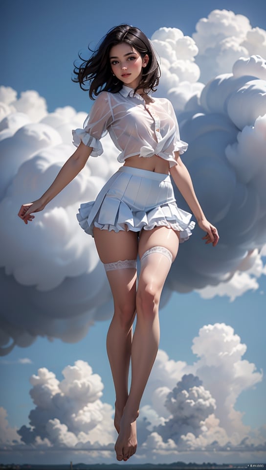 (best quality, masterpiece:1.2),ultra detailed,(photo realistic:1.4),
1girl,(see-through white shirt, see-through hips length white pleating skirt:1.5,bare foot,legs dangling),
looking_at_viewer,full body, (floating in the air),thick cloud, (((frills)))