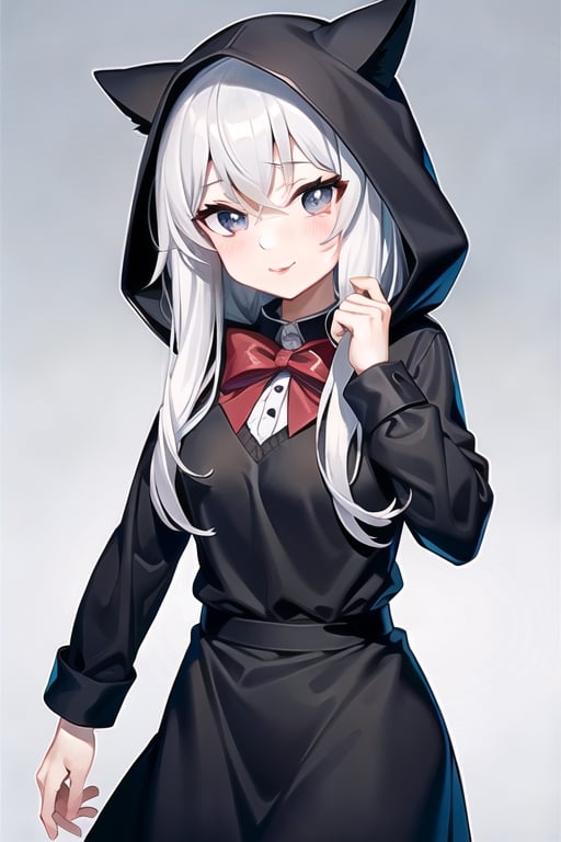 cute girl with white hair, black eyes, white pupils , hooded, red bow with bell and black dress  on night forest