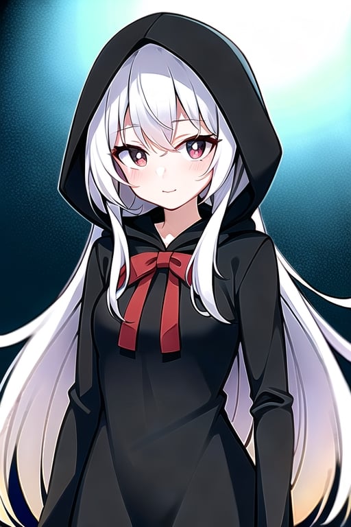 cute girl with white hair, black eyes, white pupils , hooded, red bow with bell and black dress  on night forest,best quality