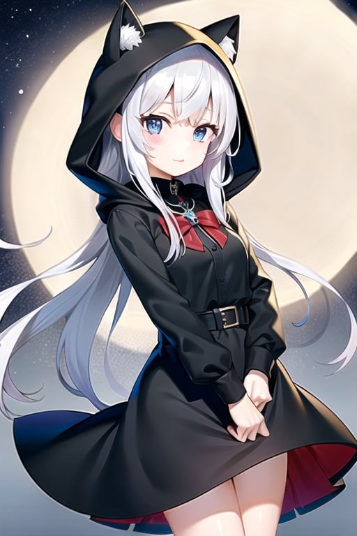 cute girl with white hair, black eyes, white pupils , hooded, red bow with bell and black dress  on night forest