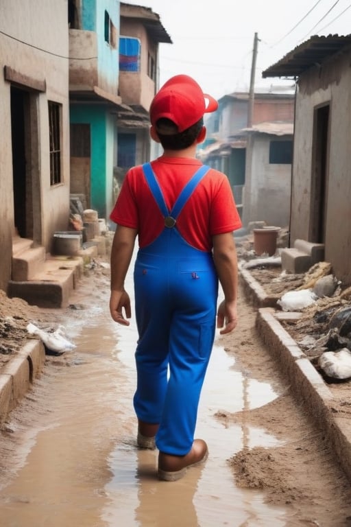 super mario walking on dirty third world neighborhood ,Ultra realistic 
,Stylish