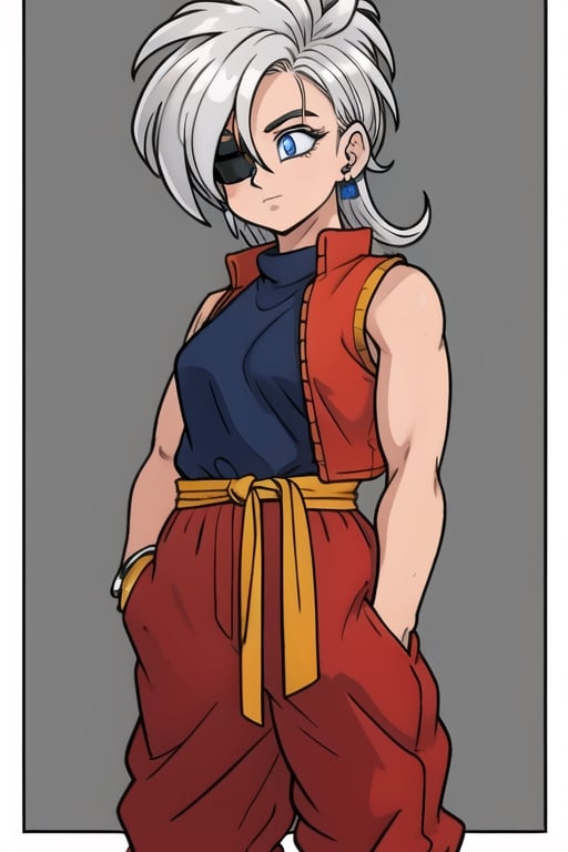 ((masterpiece)),8k,HD,Toriyama Akira,dragon ball,earrings,female_solo,silver_hair,very_long_hair,spiky_hair,mohawk_(hair_style),,sash around waist,orange sash,detailed eyes,pupils,hair_tied,waistcoat,red clothes,baggy pants,blue_eyes,eye_patch