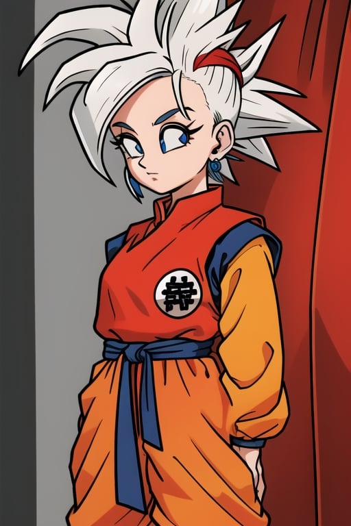 ((masterpiece)),8k,HD,Toriyama Akira,dragon ball,earrings,female_solo,silver_hair,very_long_hair,spiky_hair,mohawk_(hair_style),,sash around waist,orange sash,detailed eyes,pupils,hair_tied,waistcoat,red clothes,baggy pants,blue_eyes