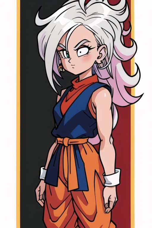 ((masterpiece)),8k,HD,Toriyama Akira,dragon ball,potara earrings,female_solo,silver_hair,very_long_hair,spiky_hair,mohawk_(hair_style),kaioshin outfit,pink pants,waistcoat,red waistcoat,sash around waist,orange sash,western kaioshin