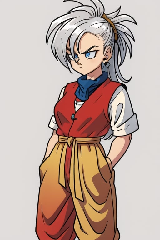 ((masterpiece)),8k,HD,Toriyama Akira,dragon ball,earrings,female_solo,silver_hair,very_long_hair,spiky_hair,mohawk_(hair_style),,sash around waist,orange sash,detailed eyes,pupils,hair_tied,waistcoat,red clothes,baggy pants,blue_eyes,eye_patch,gi,serious