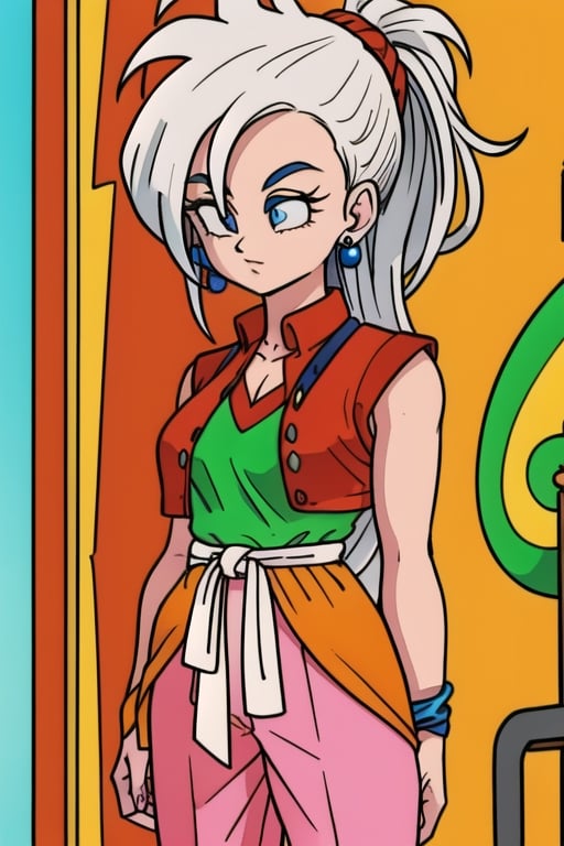 ((masterpiece)),8k,HD,Toriyama Akira,dragon ball,earrings,female_solo,silver_hair,very_long_hair,spiky_hair,mohawk_(hair_style),pink pants,,sash around waist,orange sash,detailed eyes,pupils,hair_tied,waistcoat,green shirt,orange pants,blue_eyes