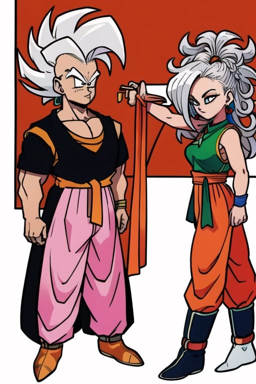 ((masterpiece)),8k,HD,Toriyama Akira,dragon ball,potara earrings,silver_hair,very_long_hair,spiky_hair,mohawk_(hair_style),kaioshin outfit,pink pants,waistcoat,red waistcoat,sash around waist,orange sash,western kaioshin