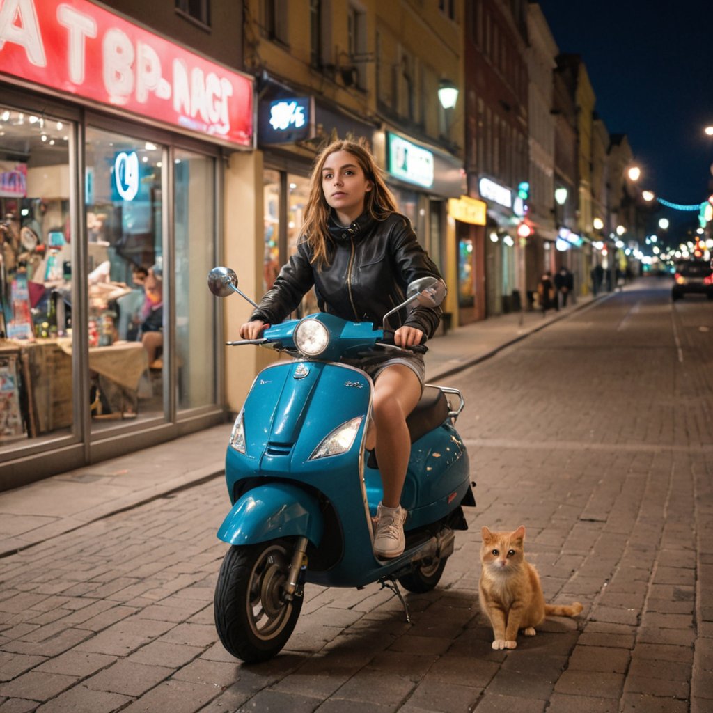 a girl rushes on a scooter through the city at night, deftly maneuvering between passers-by. Bag with a cat, bouncing. The lights of the night city flicker around: car headlights, shop windows,