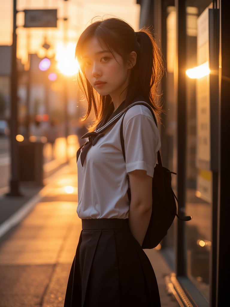 A beautiful and cute japanese schoolgirl, wearing schoolgirl suit, standing and waiting for the bus on bust station, city street, side view, evening time, backlight sunset,
her silhouette illuminated by a warm backlight. The hot light from behind creates a soft, golden glow around her figure, highlighting the curves of her body in a delicate and sensual manner. hyper realistic, ultra sharp focus, distance photo taken, taken with Sony 24mm f/2.8 lens,

(masterpiece:1.3), (8k, photorealistic, RAW photo, best quality: 1.4), (1girl), beautiful face, (realistic face), beautiful hairstyle, realistic eyes, beautiful detailed eyes, (realistic skin), beautiful skin, clean skin, ultra high res, ultra realistic, hightly detailed, golden ratio, K_GIRL