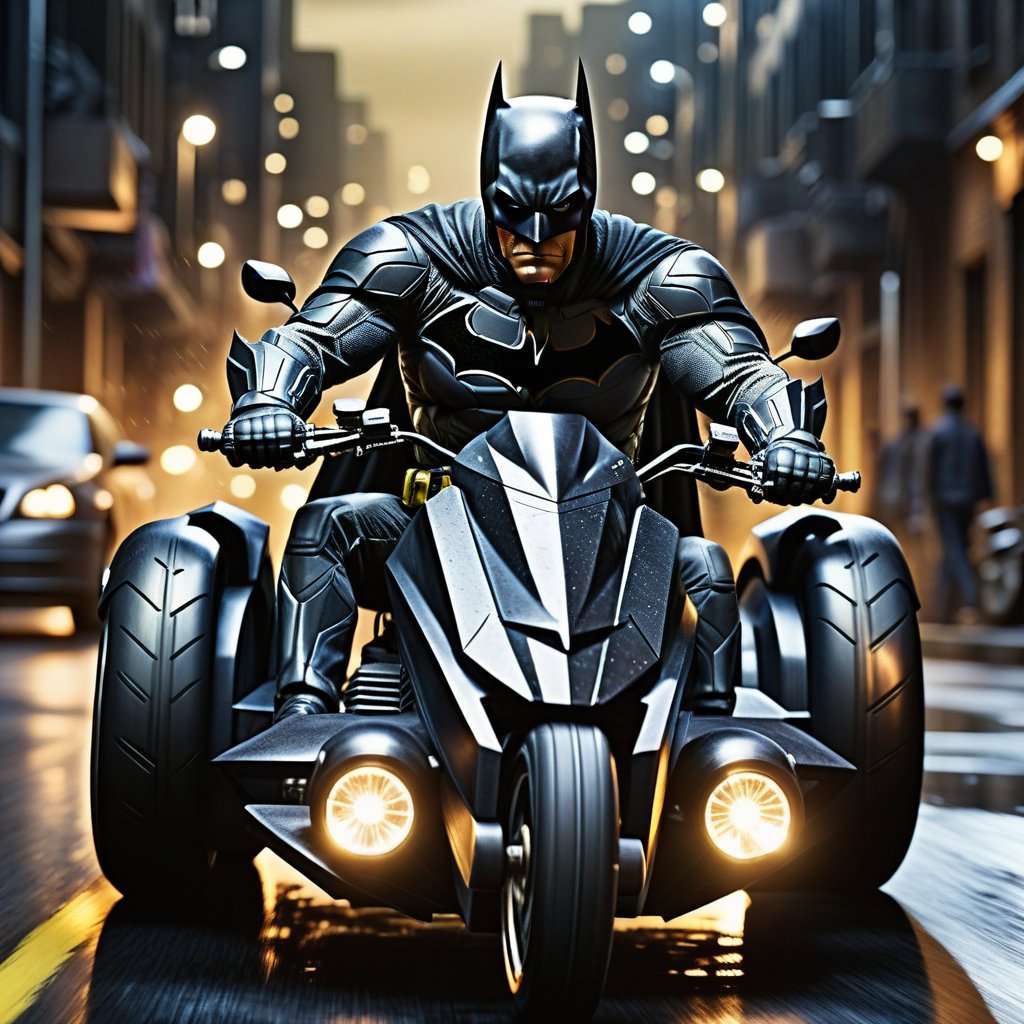 A dynamic close-up of a robust Batman riding a three-wheeled motorbike. The composition is centered on Batman, with the motorbike's sleek design and powerful engine visible. The lighting is dramatic, with a spotlight effect highlighting Batman's determined expression and the bike's metallic sheen. The background is a gritty, urban landscape, adding to the intensity and action-packed atmosphere of the scene.