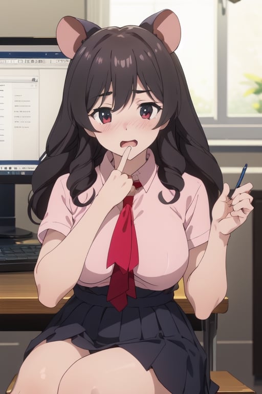 1 girl, schoolgirl, is alone in her room, sitting in front of a computer, staring at the screen, has one hand on the mouse, surprised, embarrassed face,