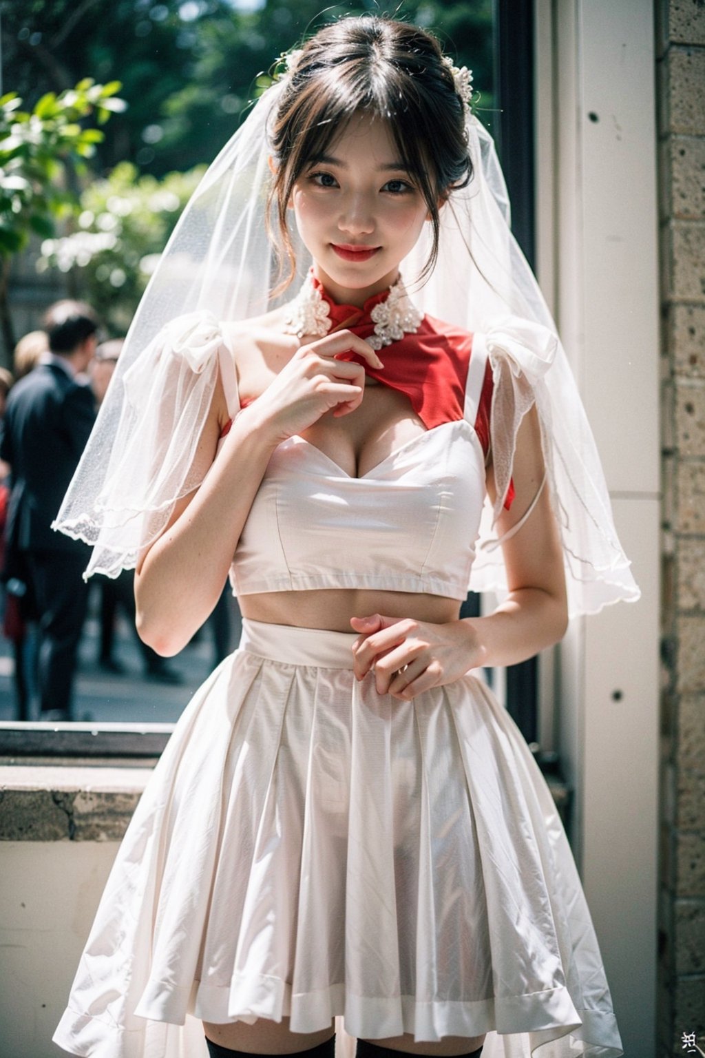 beautiful, good hands, good body, 18 year old girl, Wedding dress with very short skirt, white long stockings, happy expression, Lifting skirt and exposing panties