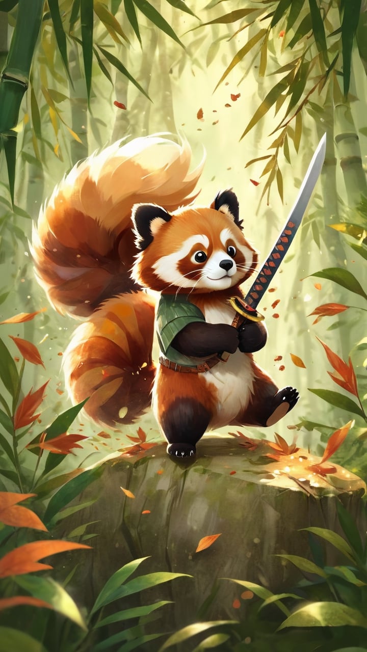 A detailed illustration of a print of a red panda, fluffy, falling leaves, sword sheath attached to the waist, serious expression, hyper realistic high quality, carton, contour, fantasy swirls splash, in the style of Studio Ghibli, 3D vector art, fantasy art, watercolor effect, bokeh, hand-drawn, digital painting, low-poly, soft lighting, isometric style, retro aesthetic, focused on the character, 4K resolution, photorealistic rendering, using Cinema 4D, modern t-shirt design, bamboos, side view