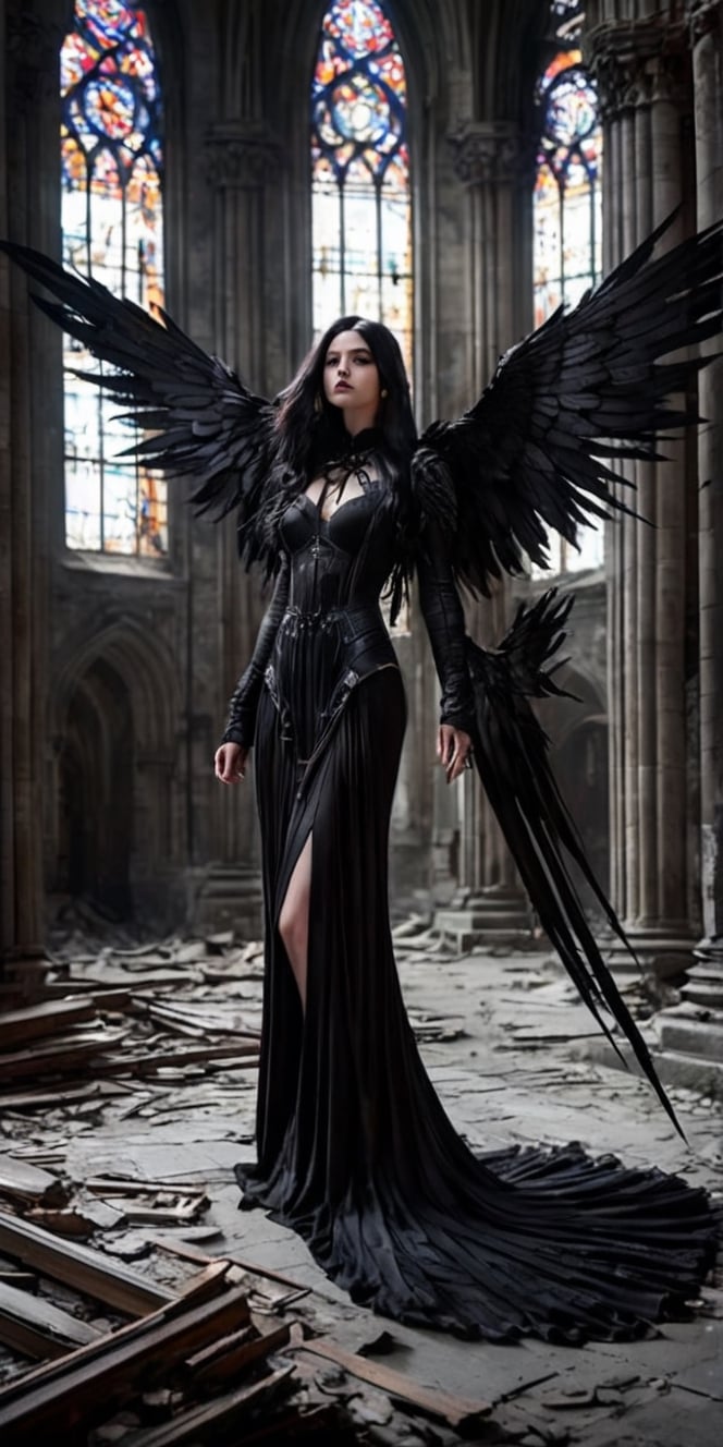 Generate hyper realistic image of a goth girl with black wings in the solemn ambiance of an abandoned cathedral. Her dark angelic presence, combined with the gothic architecture, portrays a stunning fusion of beauty and melancholy.,LegendDarkFantasy