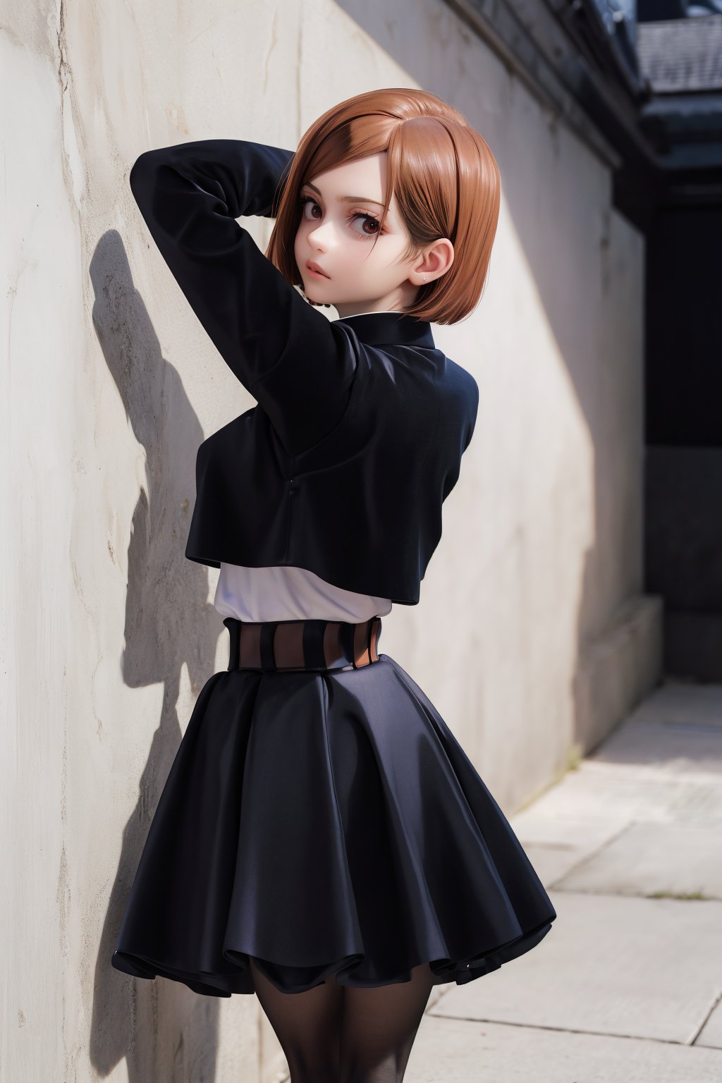 aanobara, short hair, (black jacket:1.2)shibari, arms behind back bound,buttons, long sleeves, black skirt,high-waist skirt, black pantyhose,realhands, looking_at_viewer