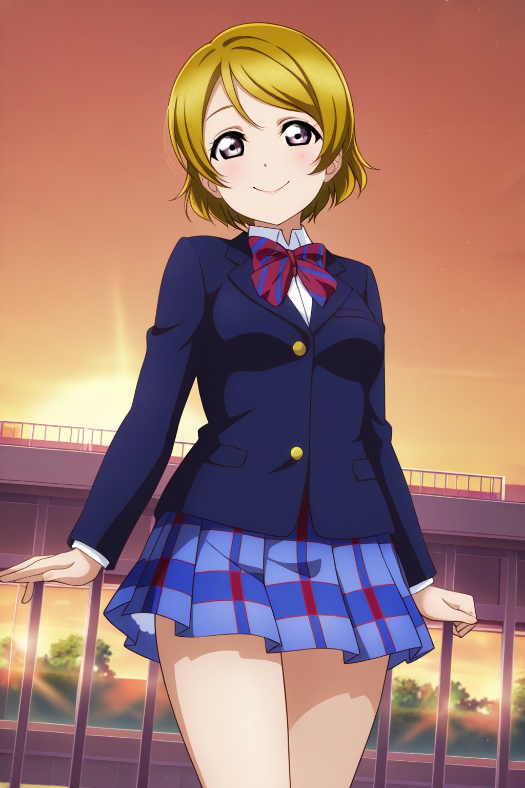 (llas, masterpiece, very aesthetic, absurdres, best quality:1.1),

1girl, solo, koizumi hanayo, 

(otowin, otonokizaka winter uniform:1.2), long sleeves, blue blazer,

closed mouth, smile,

school, outdoors, sunset, ha