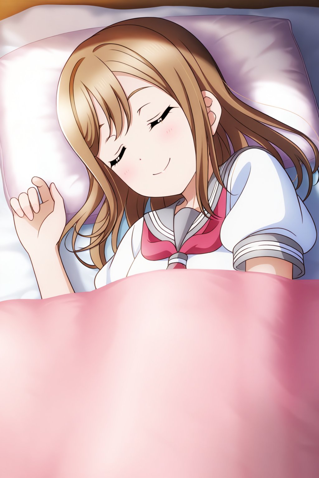 (llas, masterpiece, very aesthetic, absurdres, best quality:1.1),

1girl, solo, kunikida hanamaru,
smile, closed mouth, sleeping, lying down, bed, closed eyes, sleep,

(urasum, uranohoshi summer uniform:1.2), short sleeves, white serafuku,