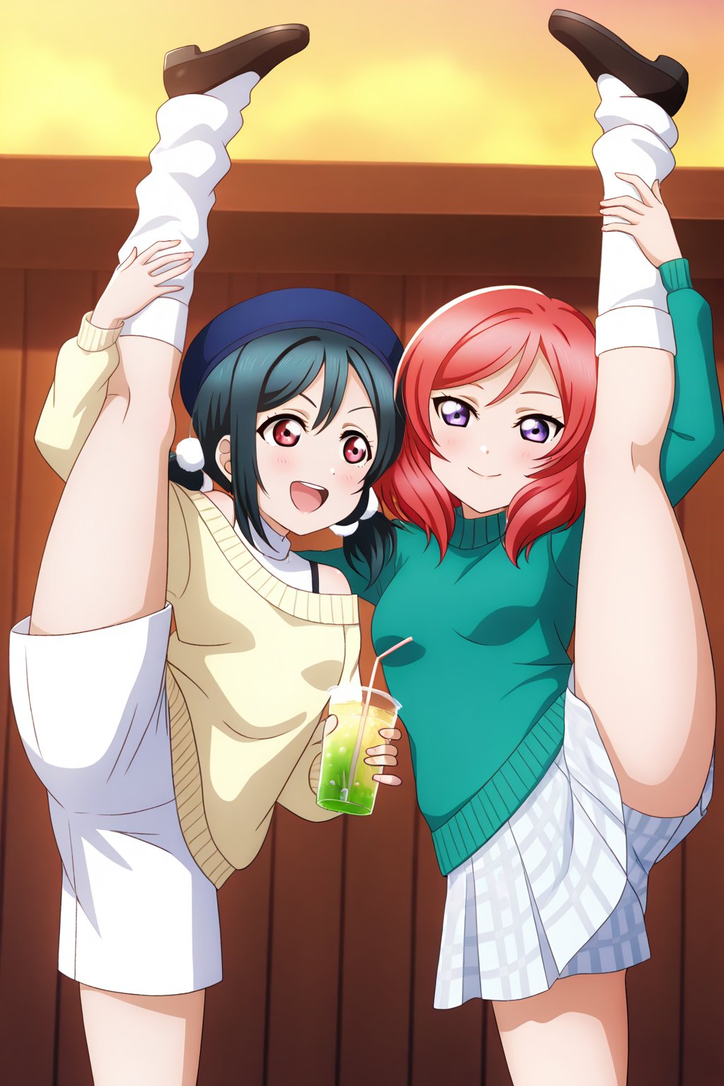 (llas, masterpiece, very aesthetic, absurdres, best quality:1.1),

2girls, multiple girls, side-by-side, (makinico:1.1), maki and nico, nishikino maki and yazawa nico, looking at another,

smile, open mouth, talking, (holding drink in a straw),

(flexible, leg up, standing split), loose socks,

(beret, sweater), 

outdoors, sunset,