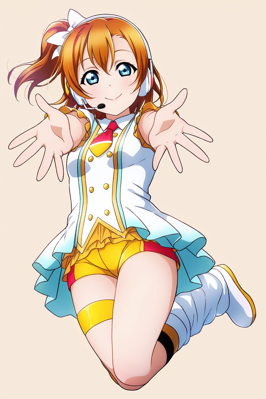 (llas, masterpiece, very aesthetic, absurdres, best quality:1.1),

1girl, kousaka honoka, looking at viewer,

smile, closed mouth, 

(jumping),

open hands, reaching out,

idol outfit, micro shorts, headset, microphone, idol dress, leg strap, leg warmers,

(simple background:1.45),