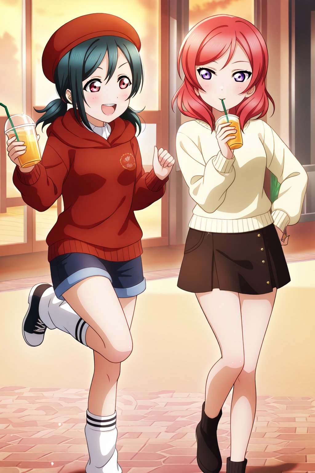 (llas, masterpiece, very aesthetic, absurdres, best quality:1.1),

2girls, multiple girls, side-by-side, (makinico:1.1), maki and nico, nishikino maki and yazawa nico, looking at another,

smile, open mouth, talking, (holding drink in a straw), hand on hip,

(flexible, leg up, standing), loose socks,

(beret, sweater), 

outdoors, sunset, downtown, cafe, sidewalk,