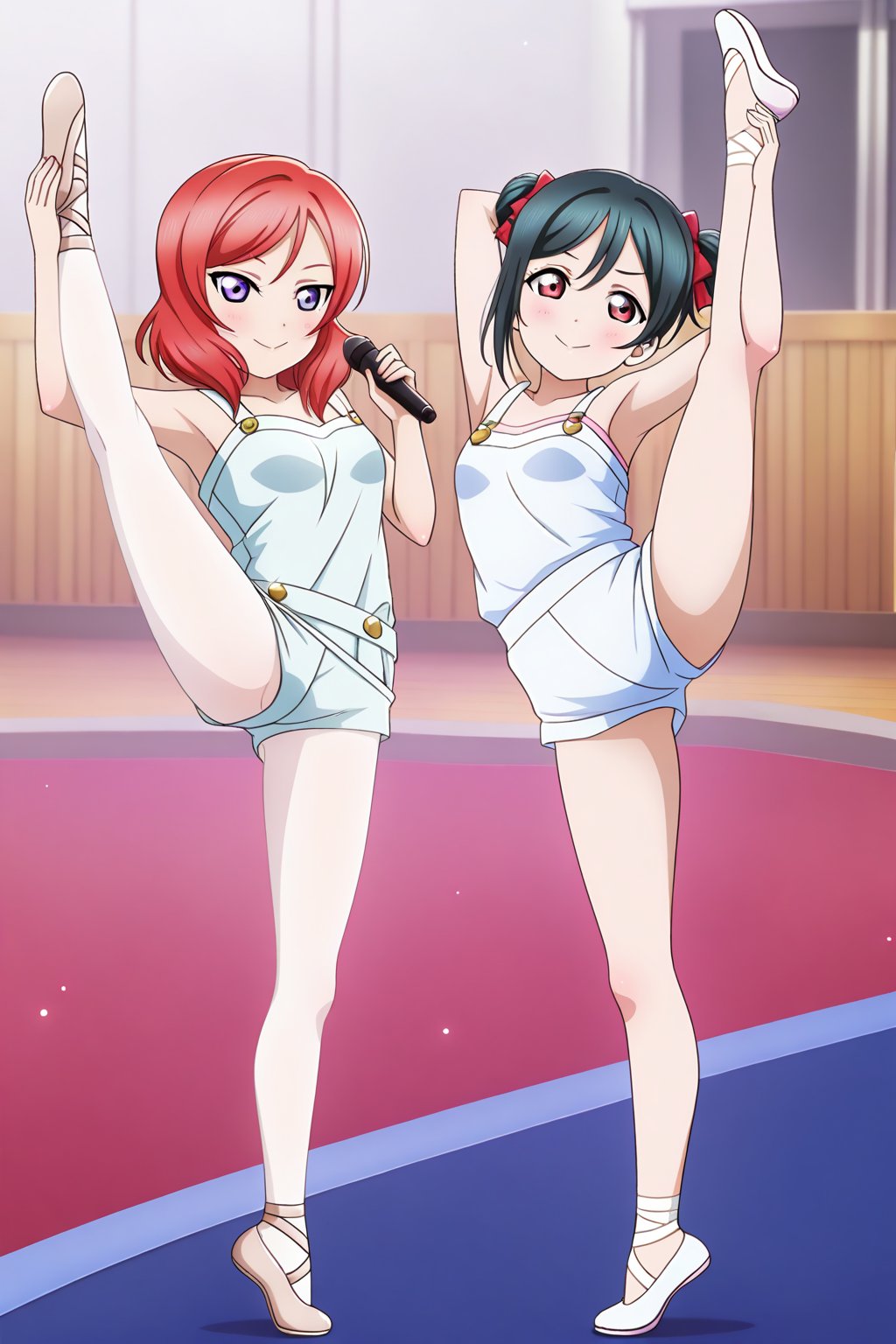 (llas, masterpiece, very aesthetic, absurdres, best quality:1.1),

2girls, multiple girls, side-by-side, (makinico:1.1), maki and nico, nishikino maki and yazawa nico, looking at viewer,

smile, closed mouth, holding microphone,

(ballet, ballerina, ballet slippers:1.1), (flexible, leg up, standing), (tiptoes:1.1), (full body),

(micro shorts, overalls), outdoors,