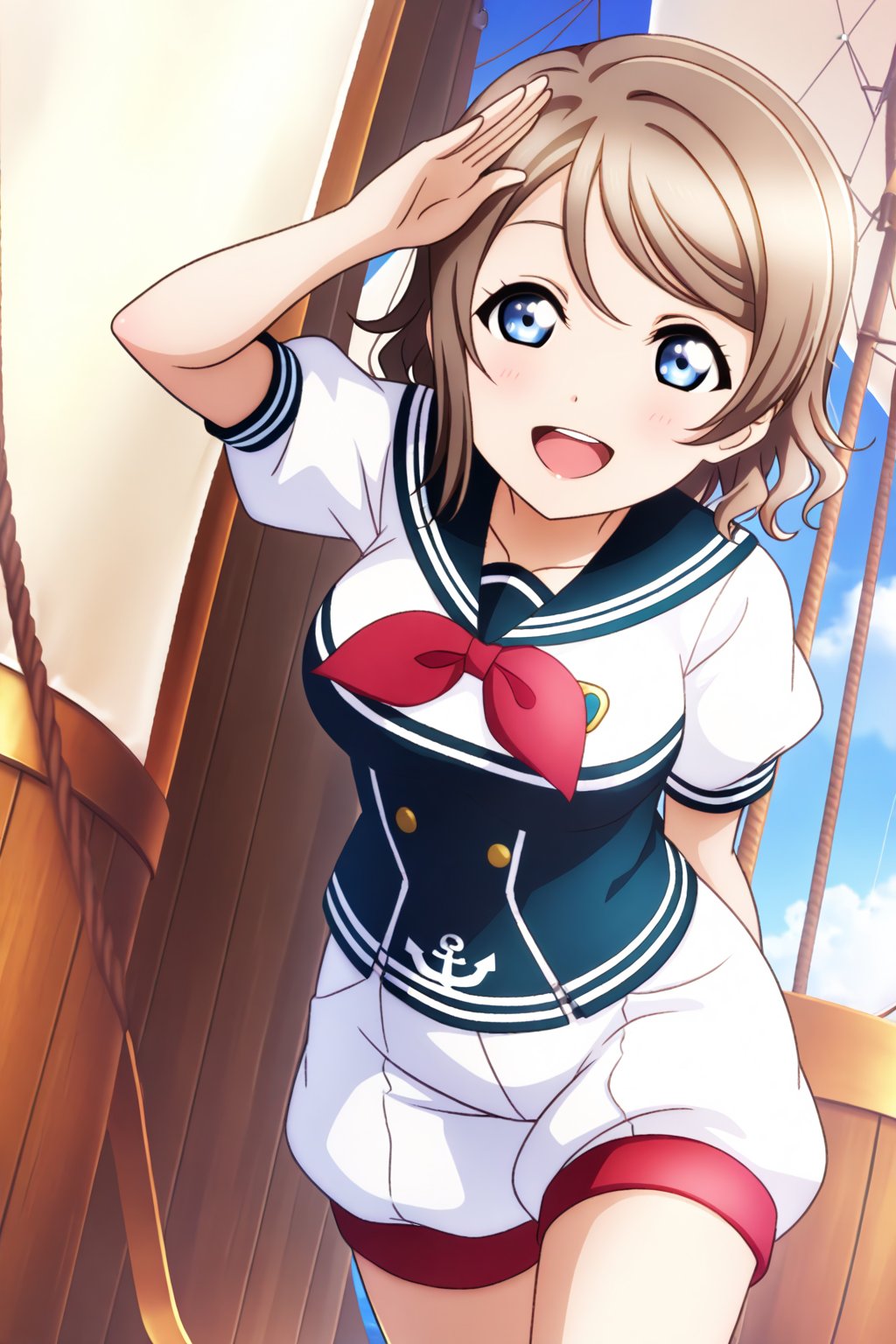 (llas, masterpiece, very aesthetic, absurdres, best quality:1.1),

1girl, solo, watanabe you, looking at another,
smile, open mouth,

sailor, salute, puffy shorts,

sail, boat, ship,