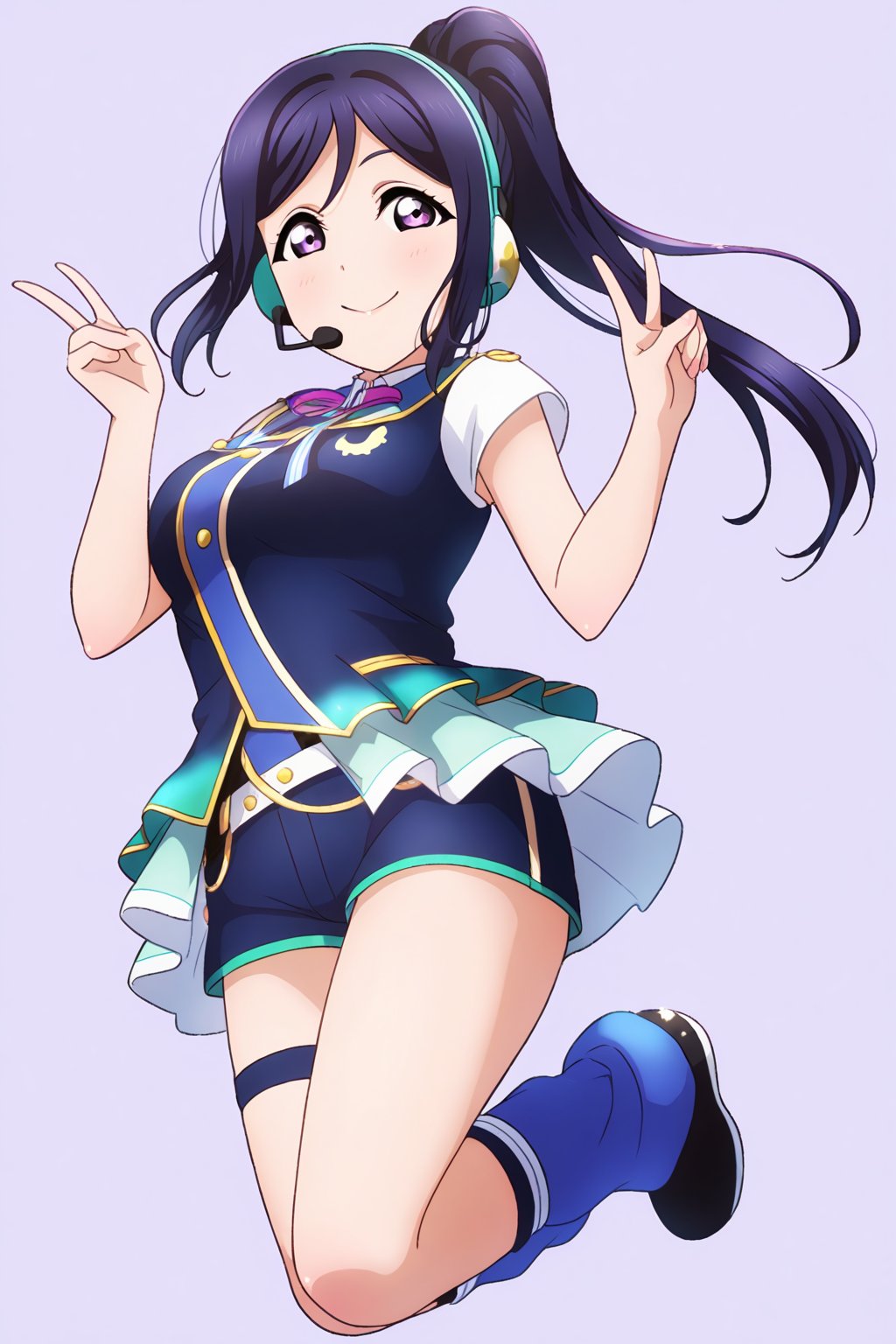 (llas, masterpiece, very aesthetic, absurdres, best quality:1.1),

1girl, matsuura kanan, looking at viewer,

smile, closed mouth, 

(jumping), peace sign,

idol outfit, micro shorts, headset, microphone, idol dress, leg strap, leg warmers,

(simple background:1.45),