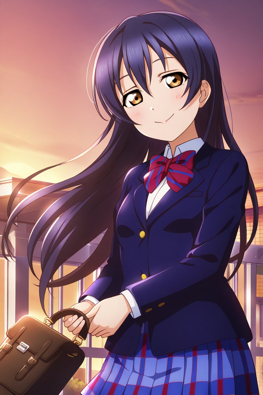 (llas, masterpiece, very aesthetic, absurdres, best quality:1.1),

1girl, solo, sonoda umi,

(otowin, otonokizaka winter uniform:1.2), long sleeves, blue blazer,

closed mouth, smile,

school, outdoors, sunset, handbag,