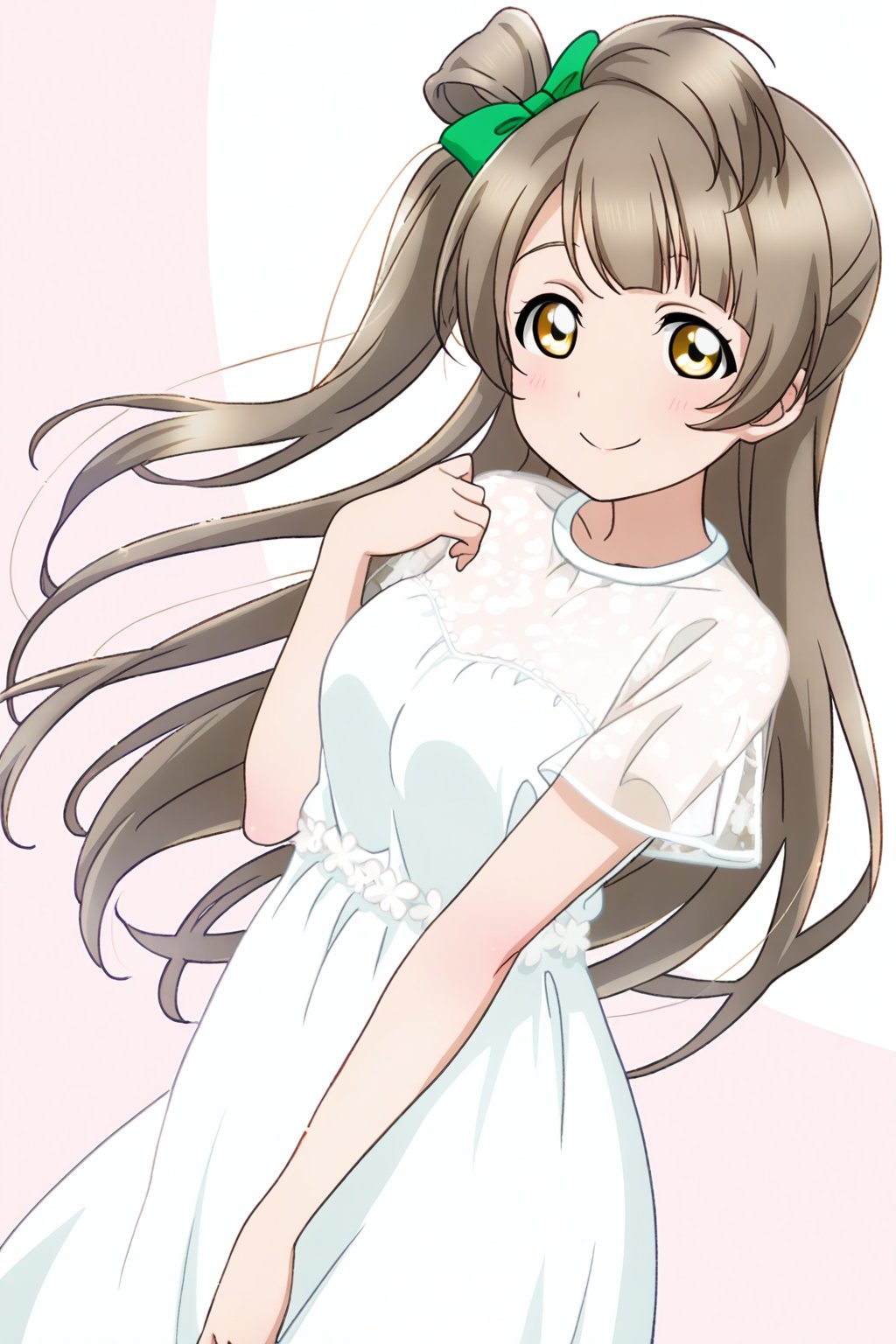 (llas, masterpiece, very aesthetic, absurdres, best quality),

1girl, solo, minami kotori,

white dress, long dress,

closed mouth, smile,