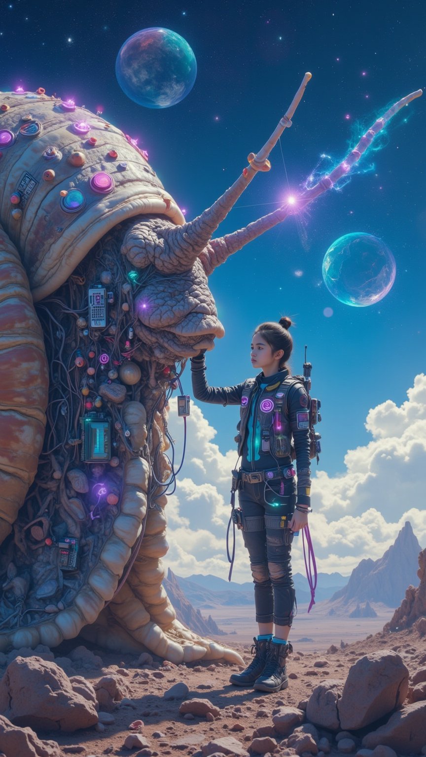 ((masterpiece)), highly detailed, digital illustration, a young girl standing on a vast, alien landscape, interacting with a gigantic snail with glowing patterns on its shell, the snail’s antennae waving gently as it gazes at her, surreal and dreamlike atmosphere, blending elements of science fiction and fantasy, the girl’s futuristic outfit adorned with small gadgets and lights, vibrant colors contrasting with the strange, otherworldly environment, a sense of curiosity and wonder",Mysticstyle,Add more detail,Enhanced all,Midjourneyart