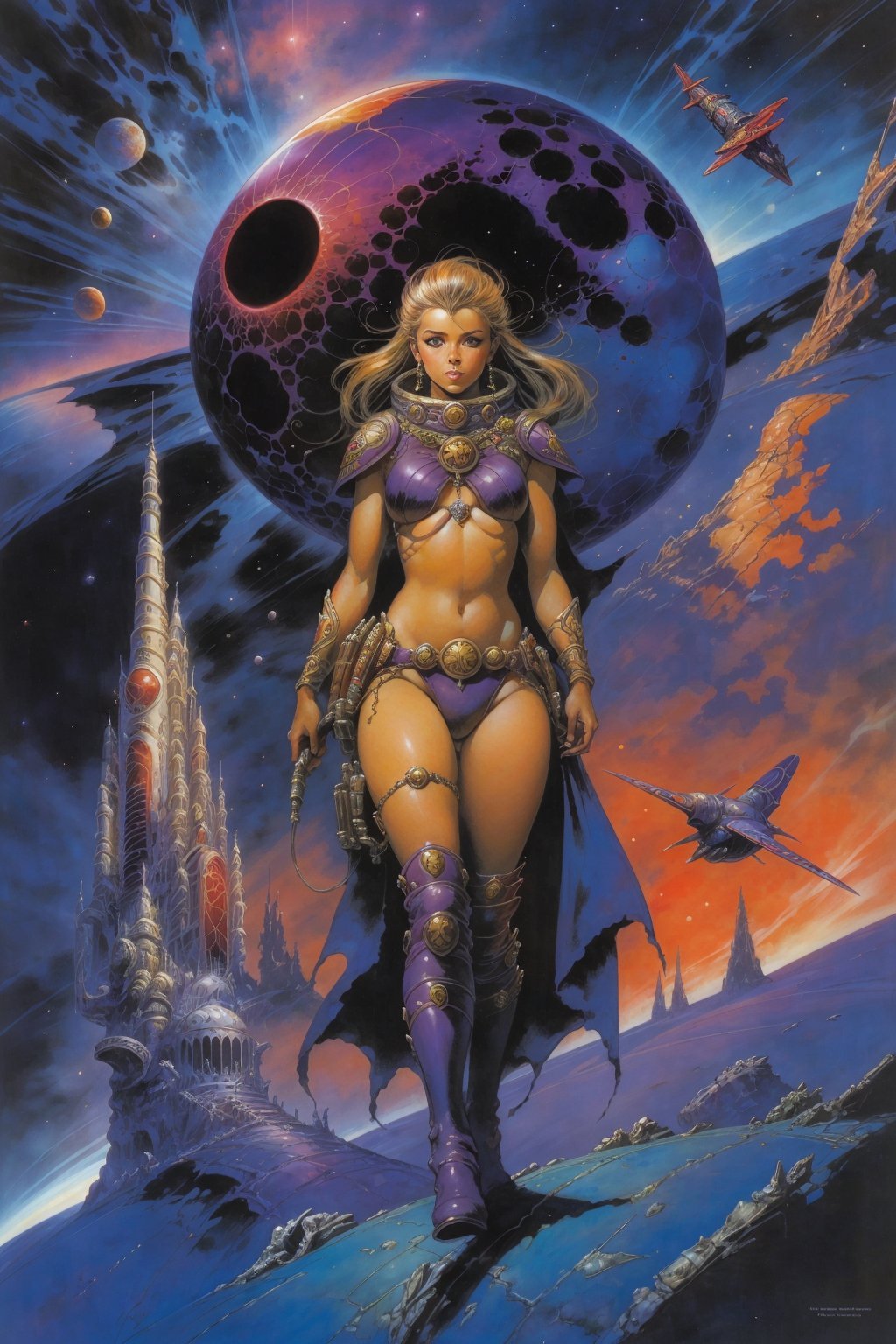  80s,science fiction,bookcover ilustration, beautyful Girl,space, methurlant,Frazetta