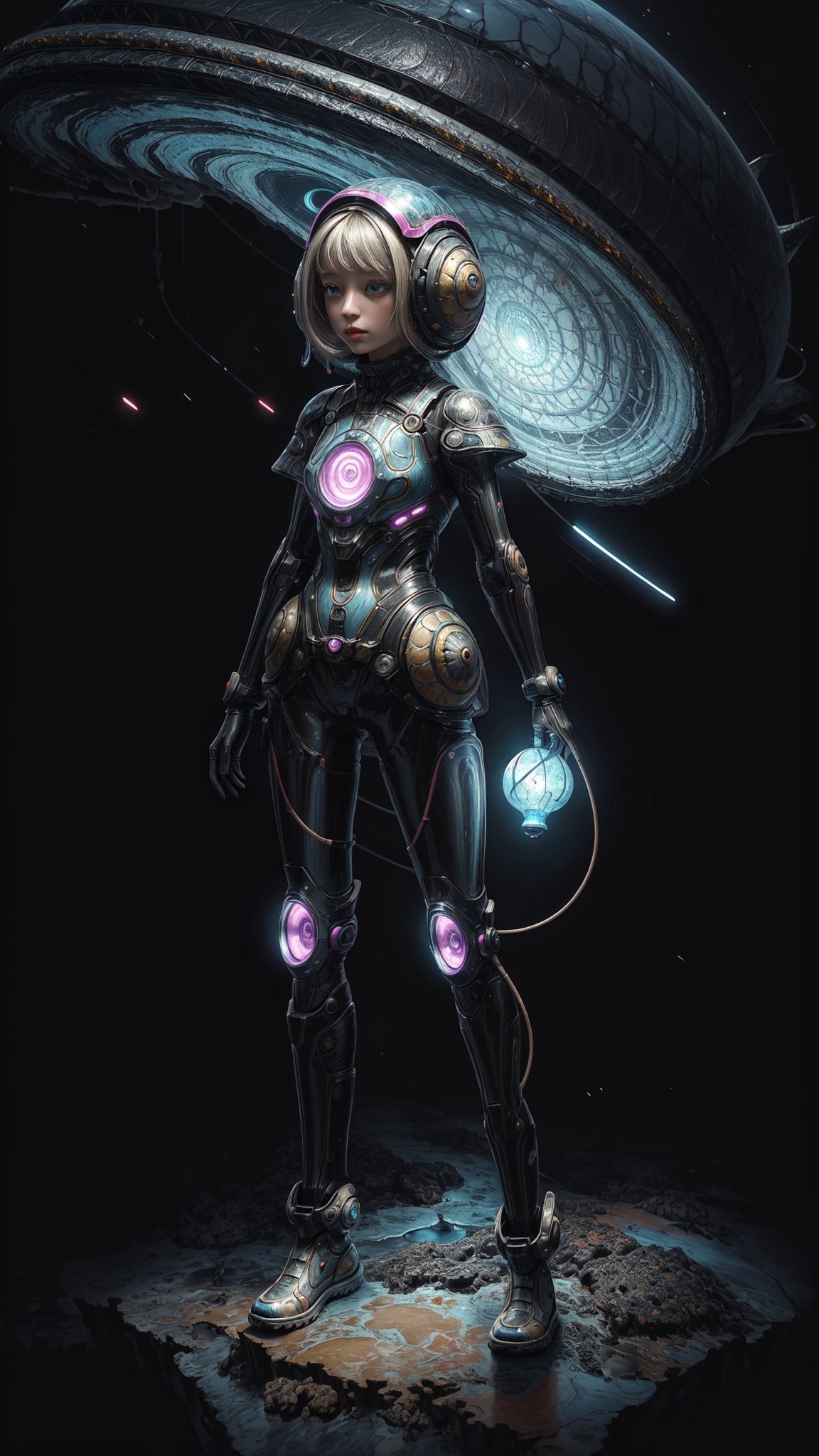 "((masterpiece)), highly detailed, digital illustration, a young girl standing on a vast, alien landscape, interacting with a gigantic snail with glowing patterns on its shell, the snail’s antennae waving gently as it gazes at her, surreal and dreamlike atmosphere, blending elements of science fiction and fantasy, the girl’s futuristic outfit adorned with small gadgets and lights, vibrant colors contrasting with the strange, otherworldly environment, a sense of curiosity and wonder",Mysticstyle,Add more detail