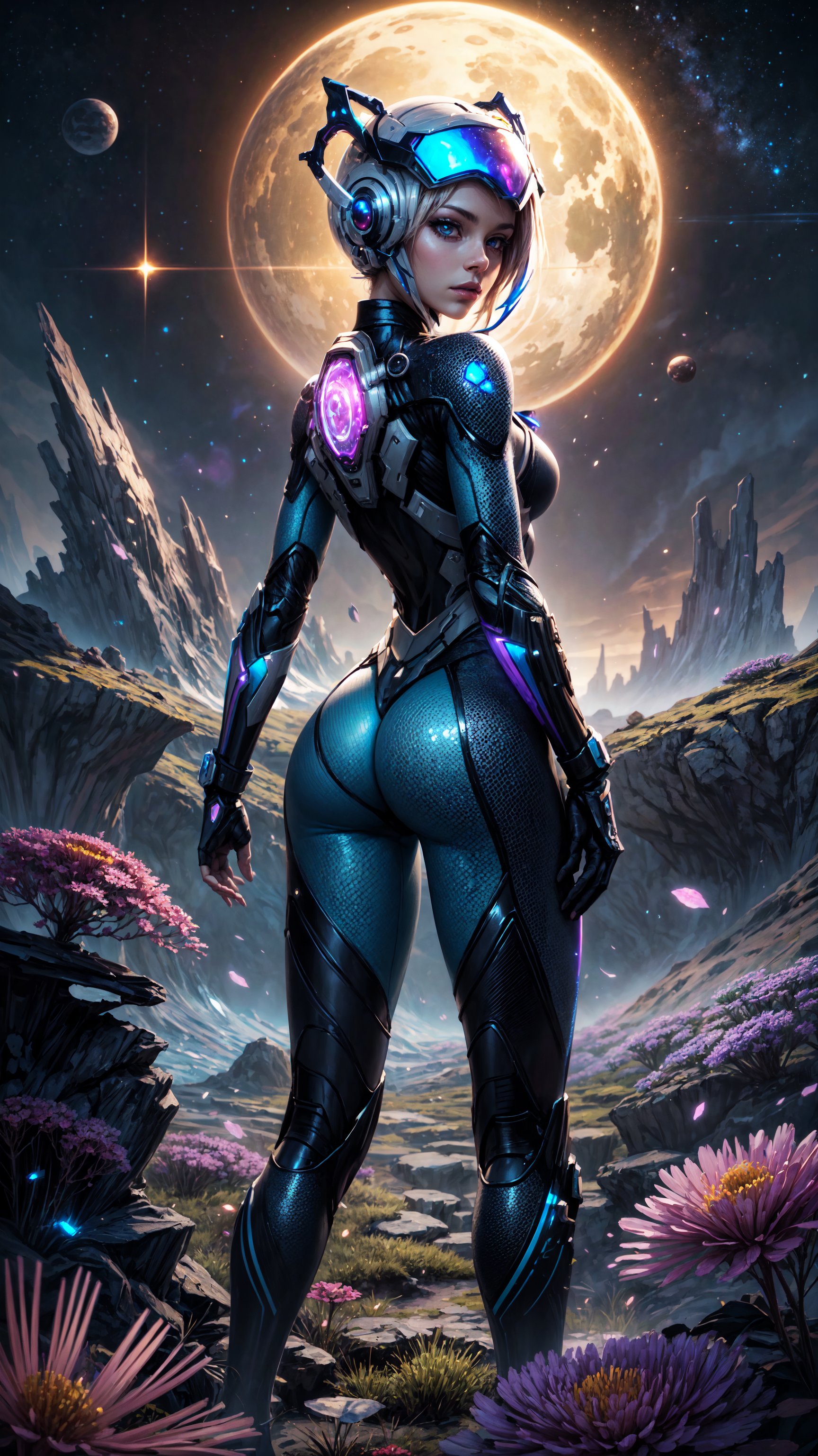 A futuristic space ranger stands proudly at the forefront of a breathtaking, retro-styled alien landscape. She's surrounded by an array of vibrant, extraterrestrial flowers with strange, glowing growths and twisted petals. The cosmic terrain stretches out before her, featuring towering, crystalline formations and iridescent mist. The subject's spacesuit is adorned with gleaming, metallic accents, as she surveys the wonders of this uncharted, otherworldly world. Looking Back