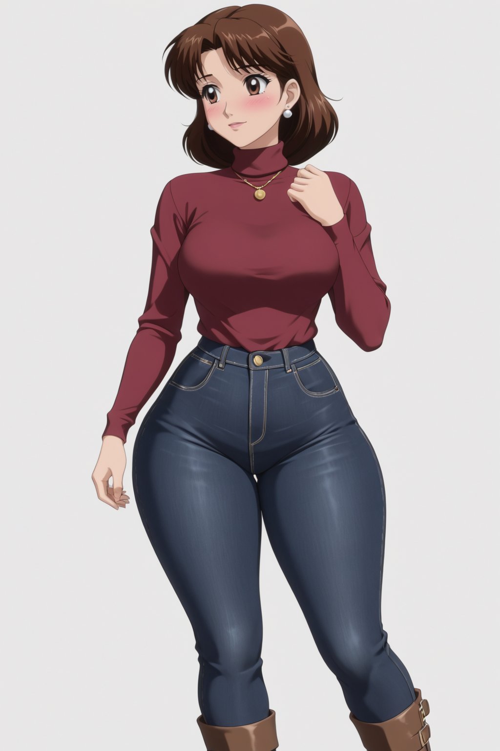 Age 24-year-old, red long sleeves turtleneck shirt, tight dark brown regular fit duck pants, dark grey jumpboots, long curvy bob bang brown hair, brown eyes, curvy wide hips, Thicc Juicy jiggling Bulge Big Butt, 51 inches butt, blushing in embarrassment, character_sheet, masterpiece, best quality, detailed face, detailed buttocks and tight pants, 4K detailed, high-resolution, Shinji_Nishikawa_Artstyle, Shoujo_Anime,90s Aesthetic, 1980s \(style\), 