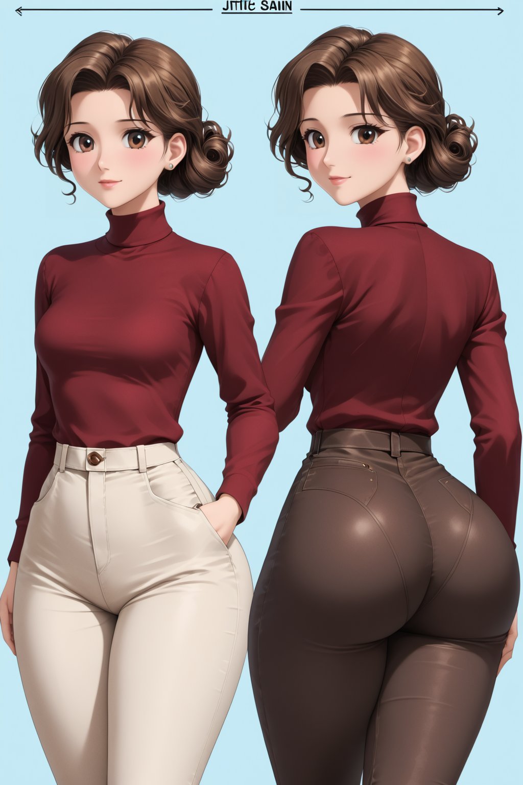 Age 24-year-old, red long sleeves turtleneck shirt, tight brown trousers pants, grey waggoner booth, curly curvy short bob and curved bang brown hair, brown eyes, curvy wide hips, Thicc Juicy jiggling Big Butt, 51 inches butt, character_sheet, masterpiece, best quality, detailed face, detailed buttocks and tight pants, 4K detailed, detailed hair, high-resolution, Shinji_Nishikawa_Artstyle, Shoujo_Anime,90s Aesthetic, 1980s \(style\), 