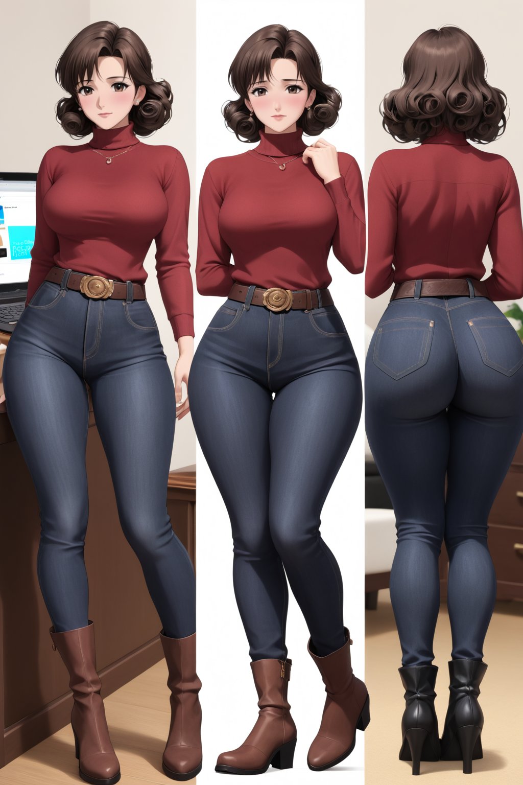 1milf, 40-year-old, hair, breasts, looking at viewer, blush, bangs, large breasts, curly curvy bang brown hair, shirt, long sleeves, white background, closed mouth, standing, brownn eyes, full body, ass, sidelocks, thighs, shoes, belt, realistic pants, indoors, from behind, sweater, multiple views, turtleneck, grey timbs boots, thick thighs, denim, curvy, wide hips, black jeans, mature female, brown belt, computer, tight, red sweater, laptop, pantylines, Thicc Juicy jiggling Bulge Big Butt, 51 inches butt, masterpiece, best quality, detailed face, 4K detailed, high-resolution, detailed butt and hair, Shinji_Nishikawa_Artstyle, Shoujo_Anime,90s Aesthetic, 1980s \(style\),