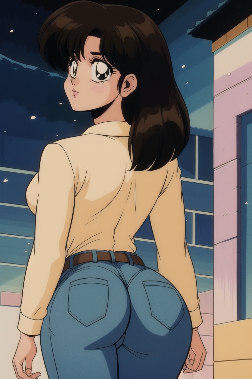 kasumi tendo, yellow long sleeves button shirt, purple jeans,  brown belt, brown hair,  brown eyes, wide big butt, thicc curvy hips, love_expression, walking, back view, looking_at_viewer, raining ally street, masterpiece,  best quality,  detailed face,  detailed eyes,  highres, Extremely Realistic, ,filmic, 80s film
