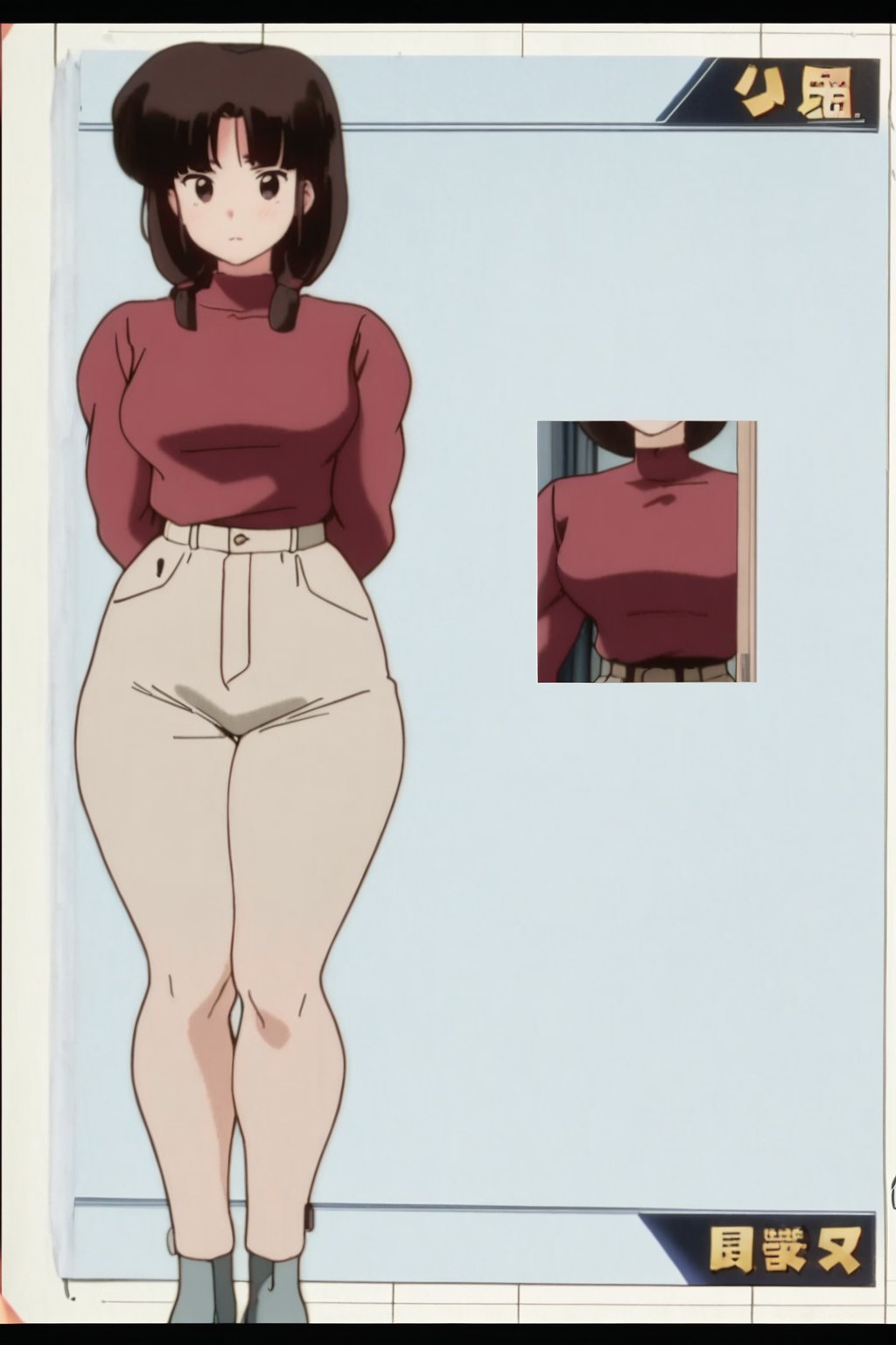 24 year old Milf Female, red long sleeves turtleneck shirt,tight brown trousers, grey boots, short neck curvy bang brown hair, brown eyes, curvy wide hips, Thicc Juicy Big Butt, 40 inches butt, character_sheet, looking-at-viewer, masterpiece, best quality, detailed face, HD detailed, high_resolution, Shinji_Nishikawa_Artstyle, Shoujo_Anime,90s Aesthetic,retro artstyle