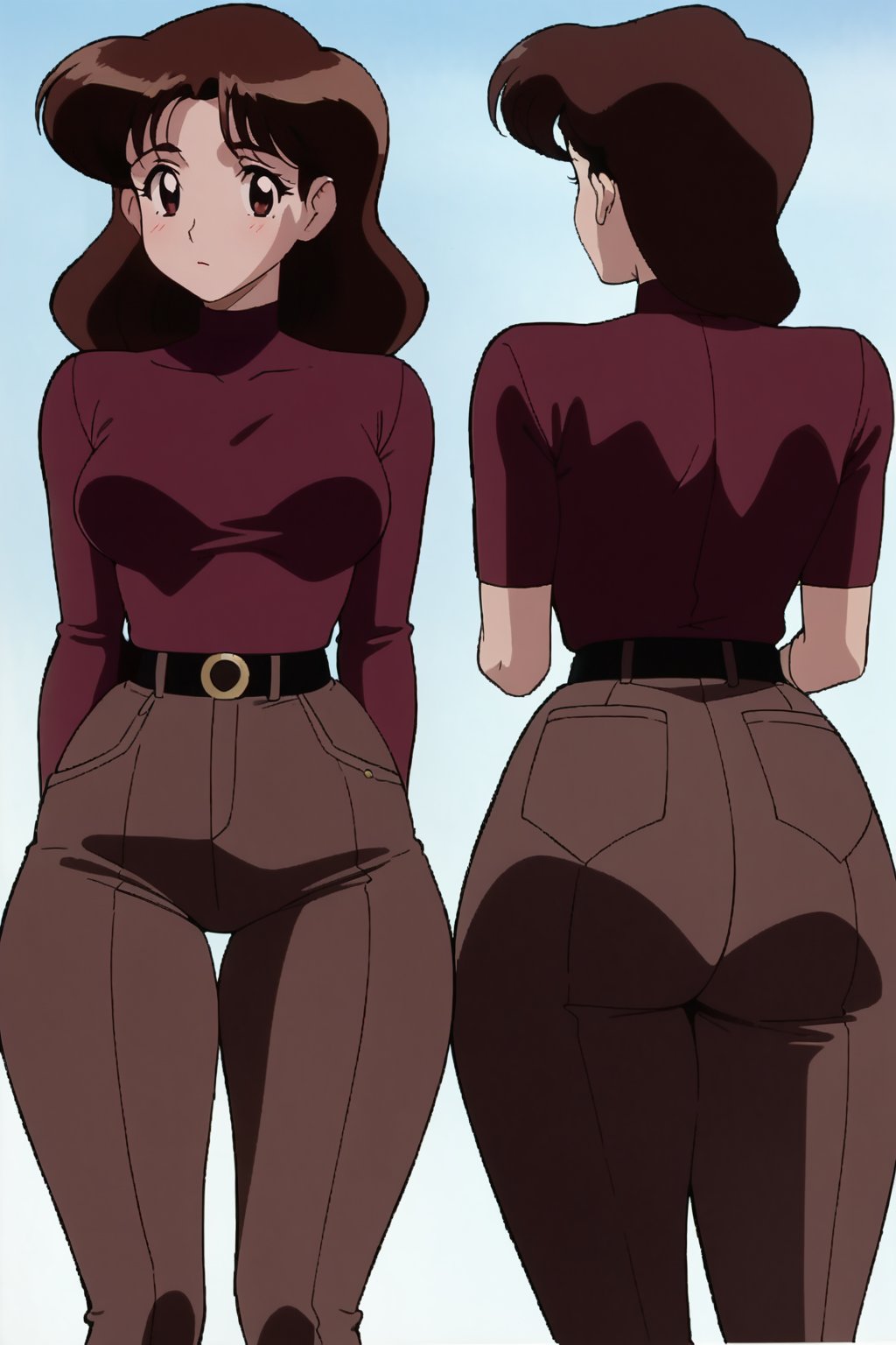 24 year old Milf Female, red long sleeves turtleneck shirt,tight brown trousers, grey boots, short neck curvy bang brown hair, brown eyes, curvy wide hips, Thicc Juicy Big Butt, 40 inches butt, character_sheet, looking-at-viewer, masterpiece, best quality, detailed face, HD detailed, high_resolution, Shinji_Nishikawa_Artstyle, Shoujo_Anime,90s Aesthetic, retro artstyle, reference sheet, 1980s \(style\),