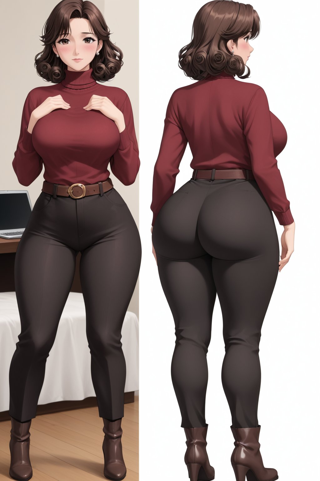 1milf, 24-year-old, hair, breasts, looking at viewer, blush, bangs, large breasts, long curly curvy brown hair, shirt, long sleeves, white background, closed mouth, standing, brownn eyes, full body, ass, sidelocks, thighs, shoes, belt, realistic work office pants, indoors, from behind, sweater, multiple views, turtleneck, grey timbs boots, thick thighs, curvy, wide hips, black trousers, brown belt, tight, red sweater, laptop, pantylines, Thicc Juicy jiggling Bulge Big Butt, 51 inches butt, character_sheet, masterpiece, best quality, detailed face, 4K detailed, high-resolution, detailed butt and hair, Shinji_Nishikawa_Artstyle, Shoujo_Anime,90s Aesthetic, 1980s \(style\),