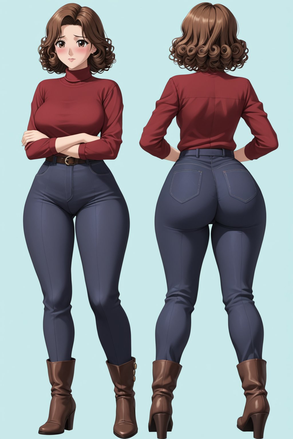 Age 24-year-old, red long sleeves turtleneck shirt, tight black work office trousers, grey jumpboots, long curvy curly bob bang brown hair, brown eyes, curvy wide hips, Thicc Juicy jiggling Bulge Big Butt, 51 inches butt, blushing in embarrassment, character_sheet, masterpiece, best quality, detailed face, detailed buttocks and tight stretch pants, 4K detailed, high-resolution, Shinji_Nishikawa_Artstyle, Shoujo_Anime,90s Aesthetic, 1980s \(style\), 